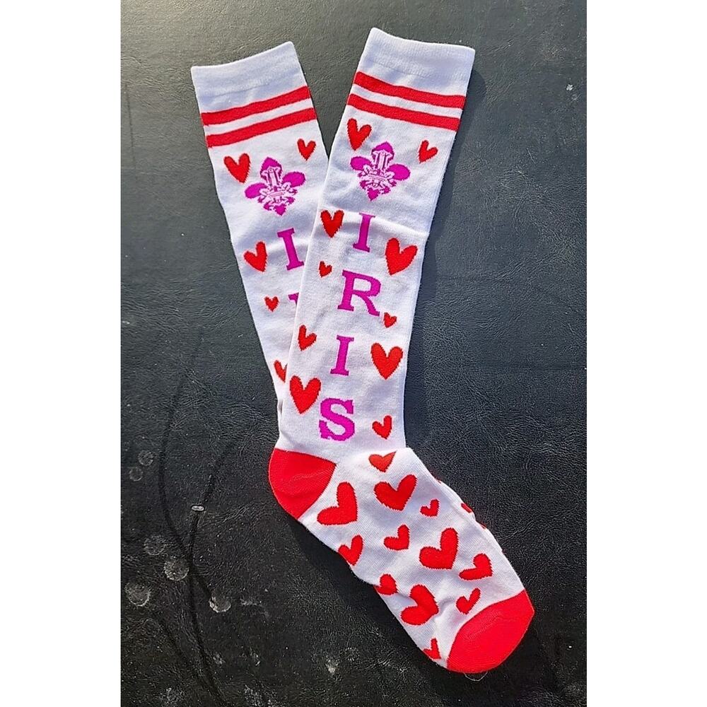 2026 Iris New White Crew Socks With Hearts Mardi Gras Krewe Favor fa9662